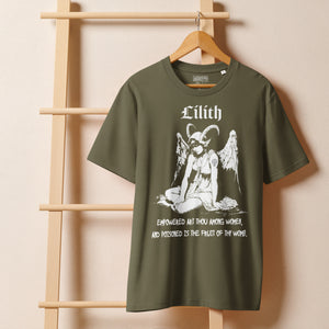 Heavyweight organic cotton t-shirt with black-and-white Lilith illustration and gothic text.