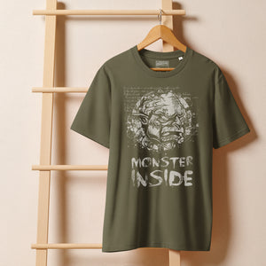 Black heavyweight organic cotton t-shirt featuring horned monster emerging from a ritual circle with fragmented script.