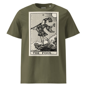 Heavyweight organic cotton t-shirt with The Fool tarot illustration rendered in modern woodcut style.