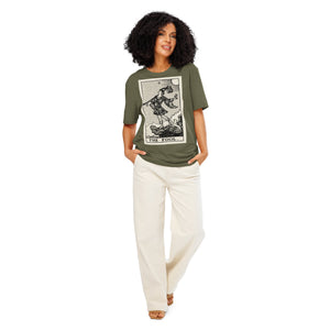 Heavyweight organic cotton t-shirt with The Fool tarot illustration rendered in modern woodcut style.