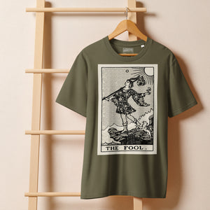Heavyweight organic cotton t-shirt with The Fool tarot illustration rendered in modern woodcut style.