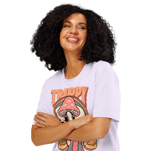 Heavyweight organic cotton t-shirt featuring a split skull pierced by a pink mushroom, with melting psychedelic shapes and small smiley faces.