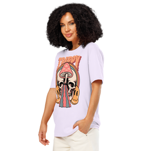 Heavyweight organic cotton t-shirt featuring a split skull pierced by a pink mushroom, with melting psychedelic shapes and small smiley faces.