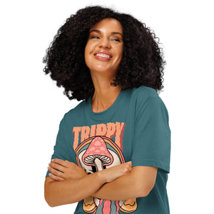 Heavyweight organic cotton t-shirt featuring a split skull pierced by a pink mushroom, with melting psychedelic shapes and small smiley faces.