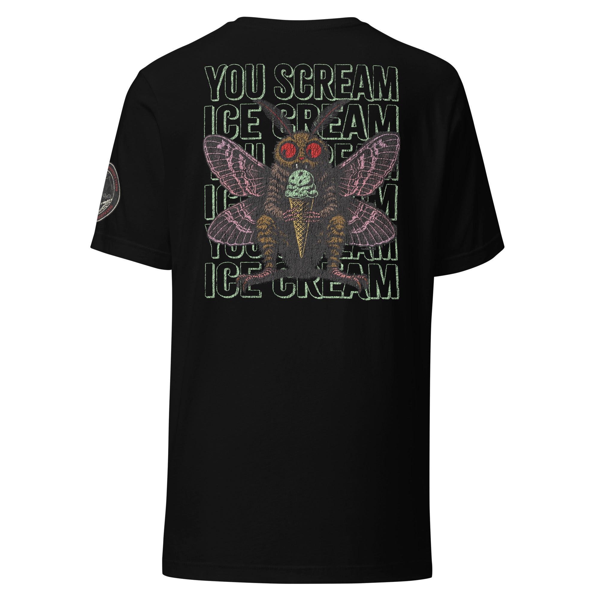 The back of a black core tee shirt features Mothman eating an ice cream cone with the repeating words "you scream | ice cream."