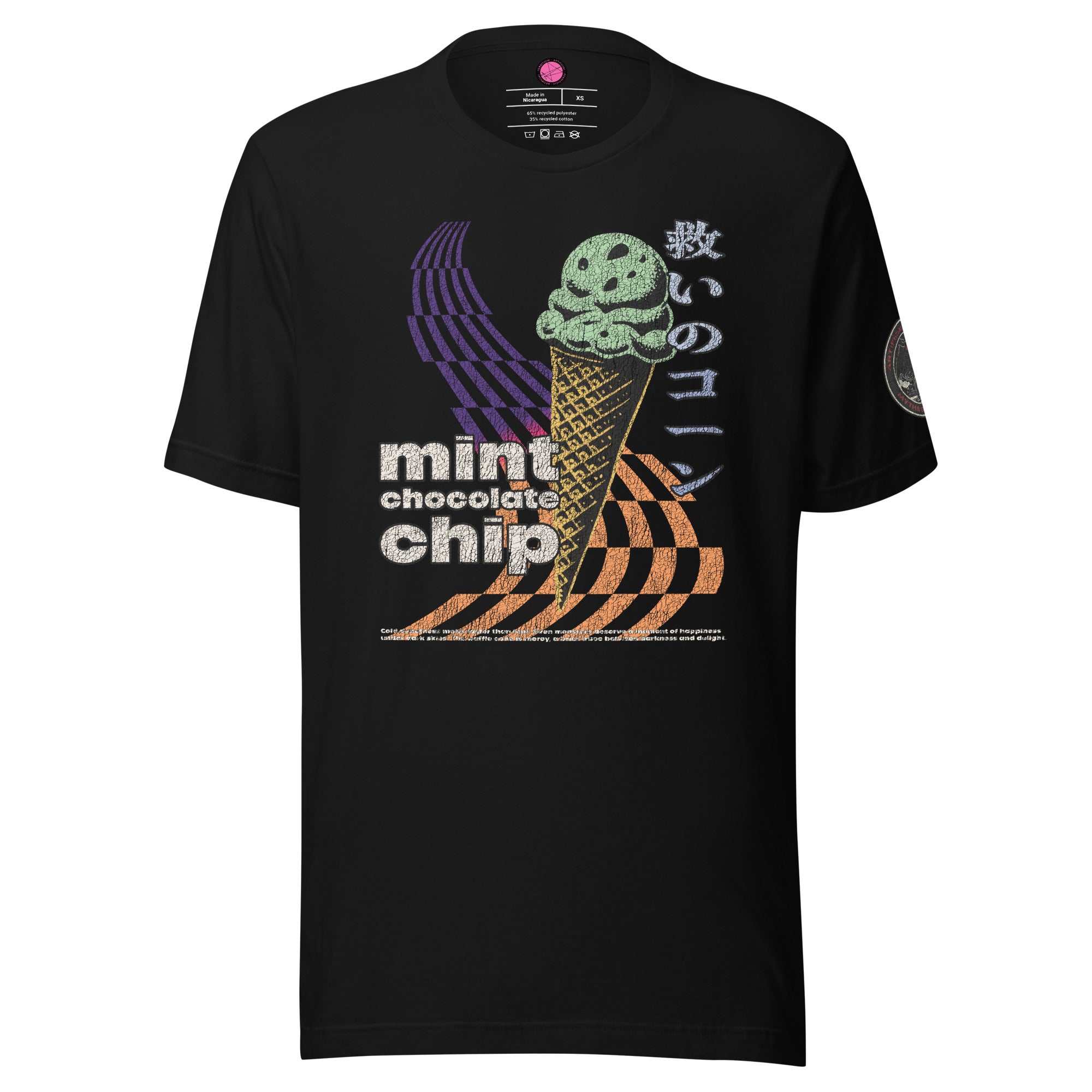 The front of a black core tee featuring the word "mint chocolate chip," an ice cream cone, and the Japanese kanji “救いのコーン," which translates to "Cone of Salvation."