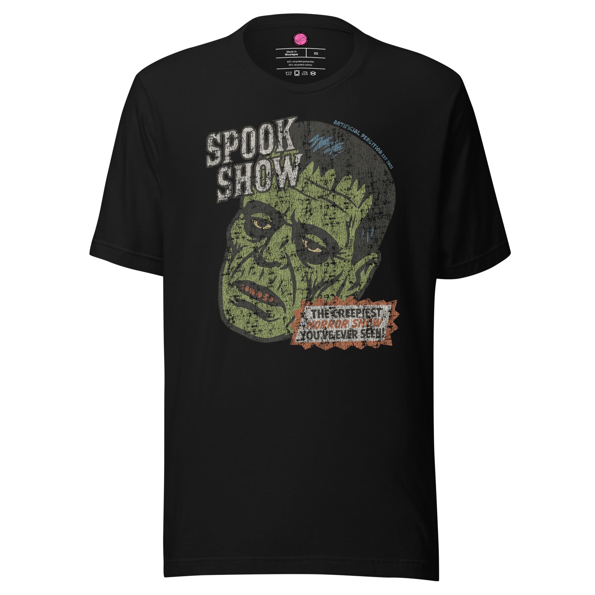 Distressed Frankenstein head with “Spook Show” on black tee.
