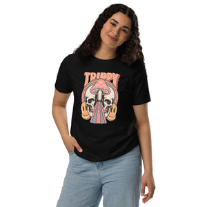 Split skull and mushroom design with melting psychedelic flow and smiley faces. Soft recycled tee with eco-friendly inks. Trippy, liminal, bold.