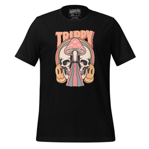 Split skull and mushroom design with melting psychedelic flow and smiley faces. Soft recycled tee with eco-friendly inks. Trippy, liminal, bold.