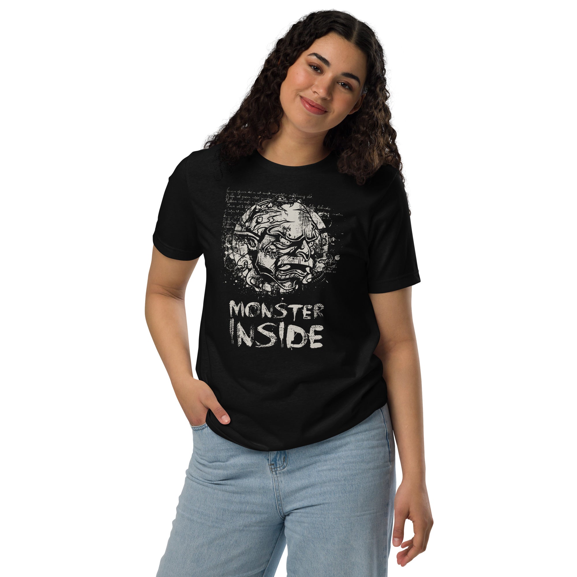 Black recycled t-shirt featuring a horned monster inside a ritual circle with fragmented script and “Monster Inside” text.