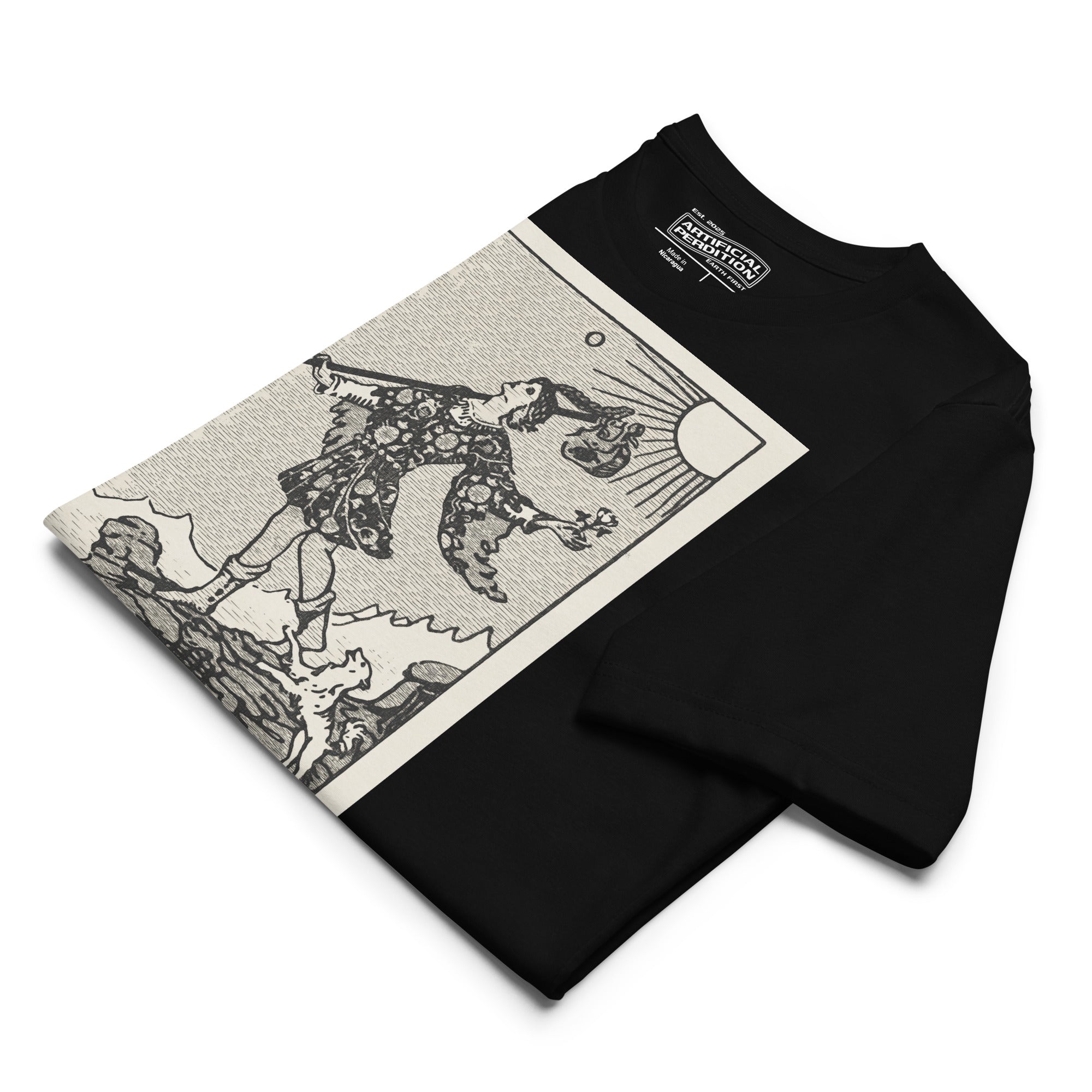 Recycled blend t-shirt featuring The Fool tarot card, showing a traveler at a cliff edge with a dog and rising sun in a modern woodcut style.