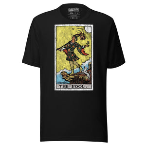 The Fool tarot card, figure at cliff's edge with staff and flower, dog at heel, vintage Rider-Waite engraving style, Artificial Perdition