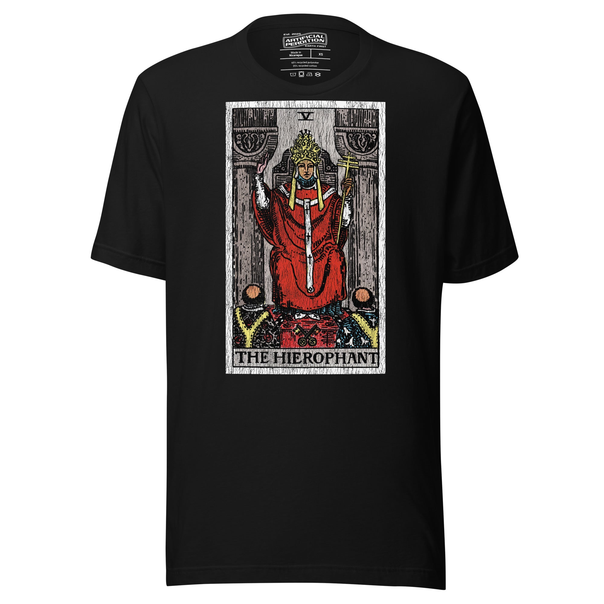 The Hierophant tarot card, triple-crowned figure seated between pillars with crossed keys and kneeling acolytes, Rider-Waite style, Artificial Perdition