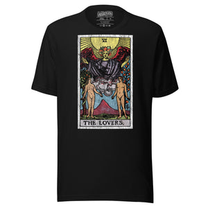 The Lovers tarot card, unveiled man and woman beneath winged figure with Tree of Life and serpent-wrapped Tree of Knowledge, Rider-Waite style, Artificial Perdition