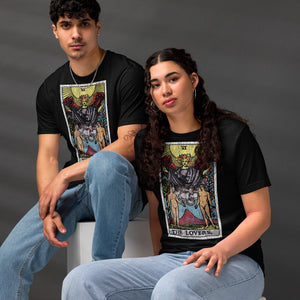 The Lovers tarot card, unveiled man and woman beneath winged figure with Tree of Life and serpent-wrapped Tree of Knowledge, Rider-Waite style, Artificial Perdition