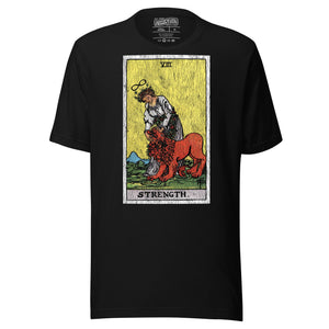 Strength tarot card, woman closing the jaws of a lion with chain of flowers and infinity symbol overhead, Rider-Waite style, Artificial Perdition