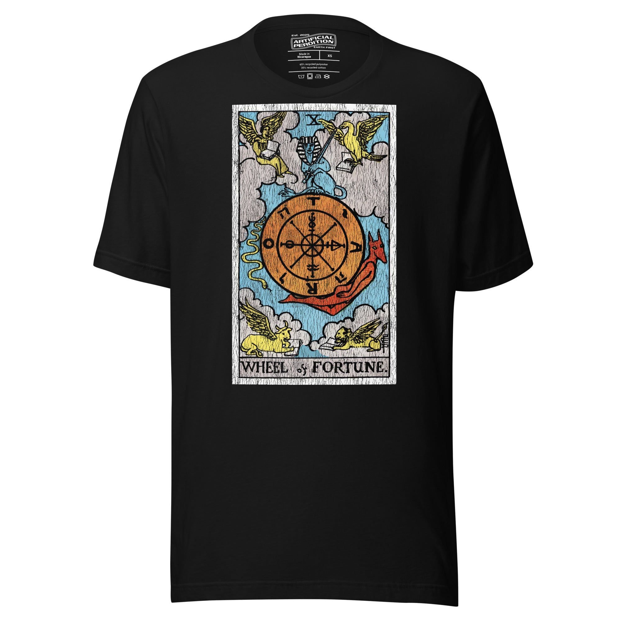 Wheel of Fortune tarot card, sphinx atop a turning wheel flanked by four creatures, Rider-Waite style, Artificial Perdition