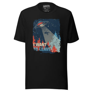 Retro poster style UFO beaming down into a midnight forest with I WANT TO LEAVE text, red and blue palette, Artificial Perdition apparel