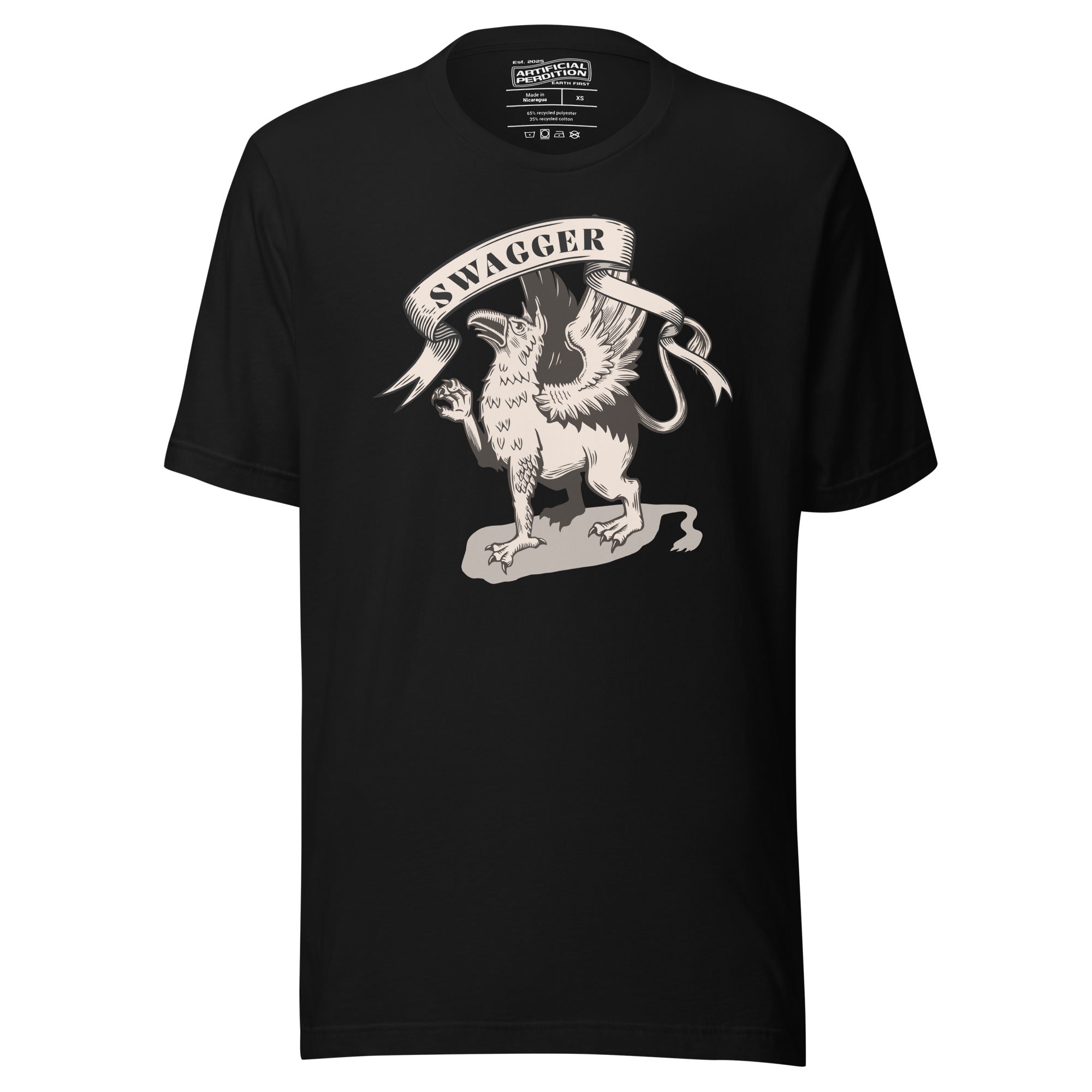 Rampant griffin in heraldic engraving style with Swagger banner ribbon, cream and black illustration, Artificial Perdition apparel