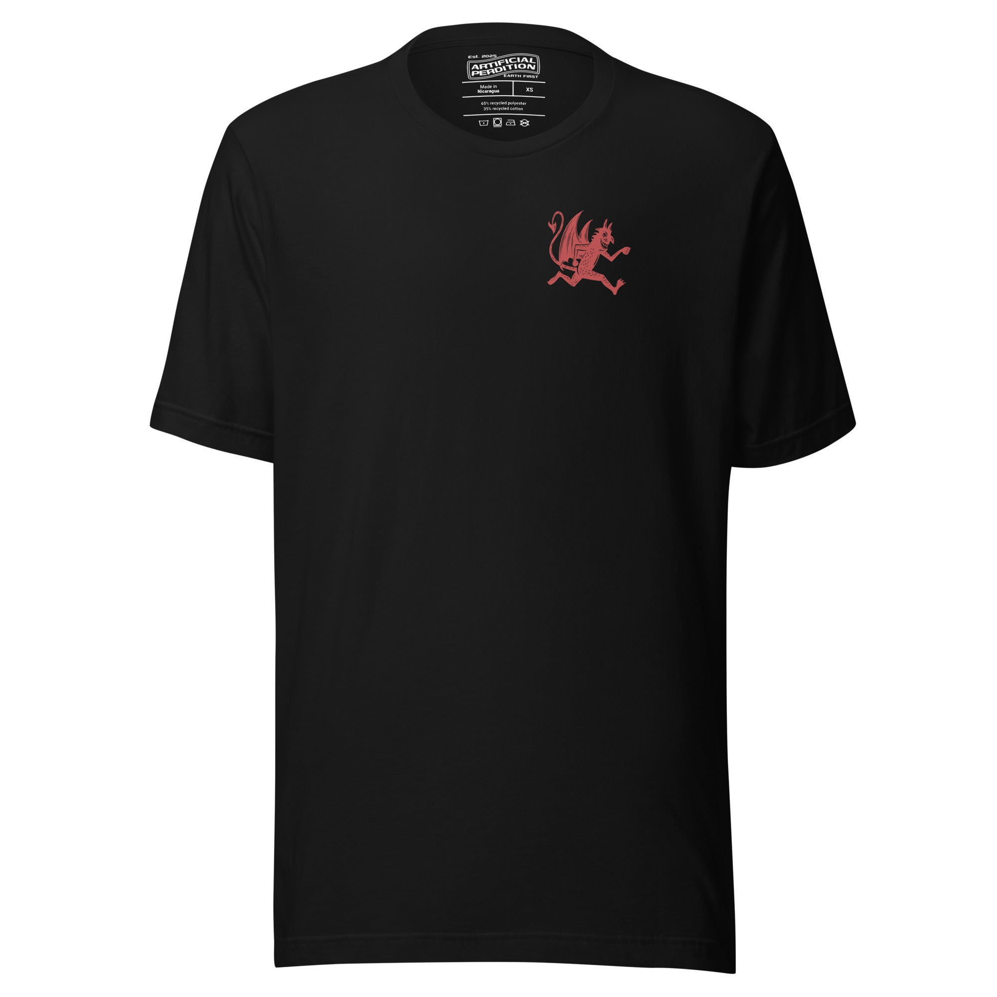 Artificial Perdition devil mascot, red illustrated devil mid-stride with trident and brand name, hand-drawn style on black, official logo tee