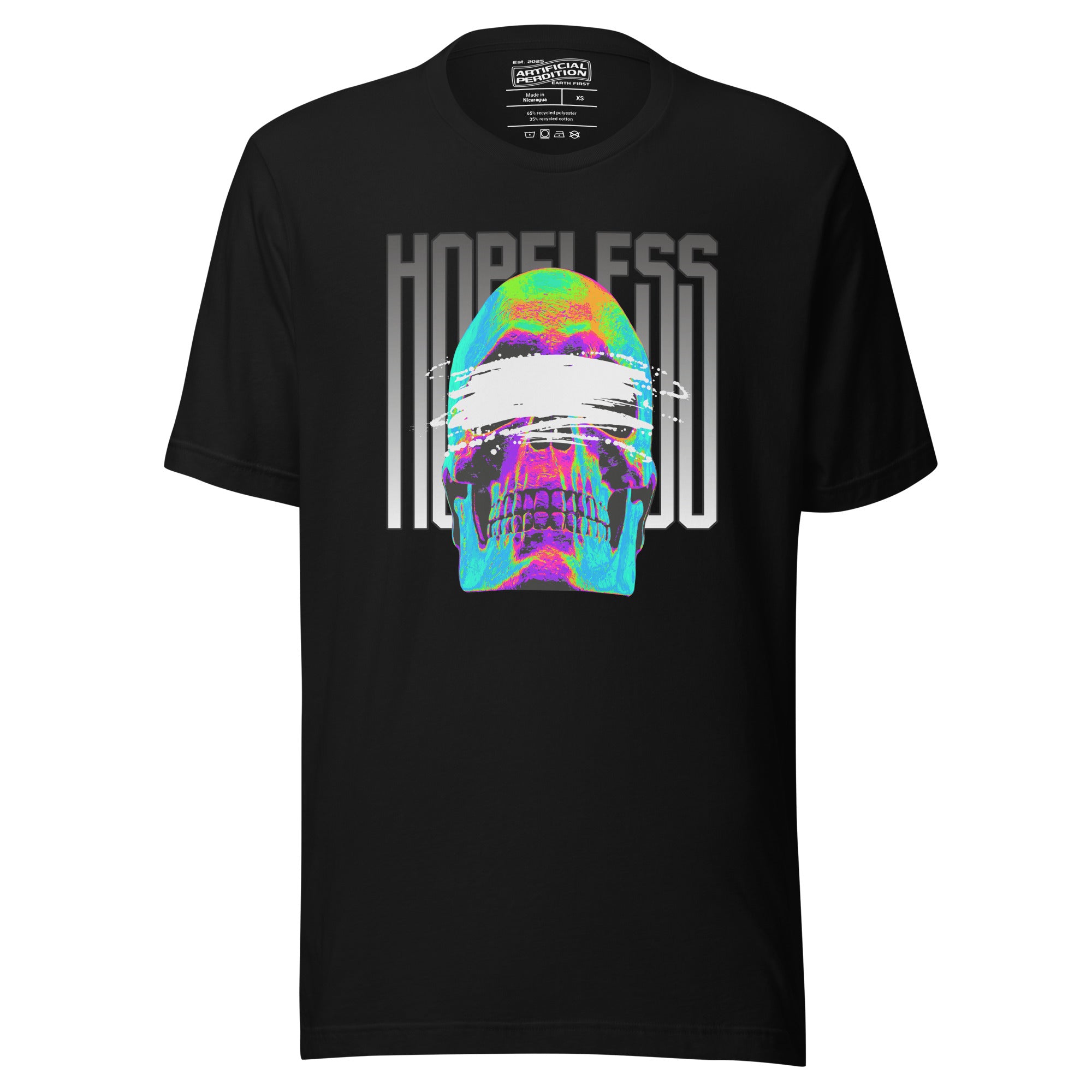 A blindfolded skull in thermal color, bold chrome lettering. Hopeless is a choice, not a diagnosis. Dark apparel from Artificial Perdition.