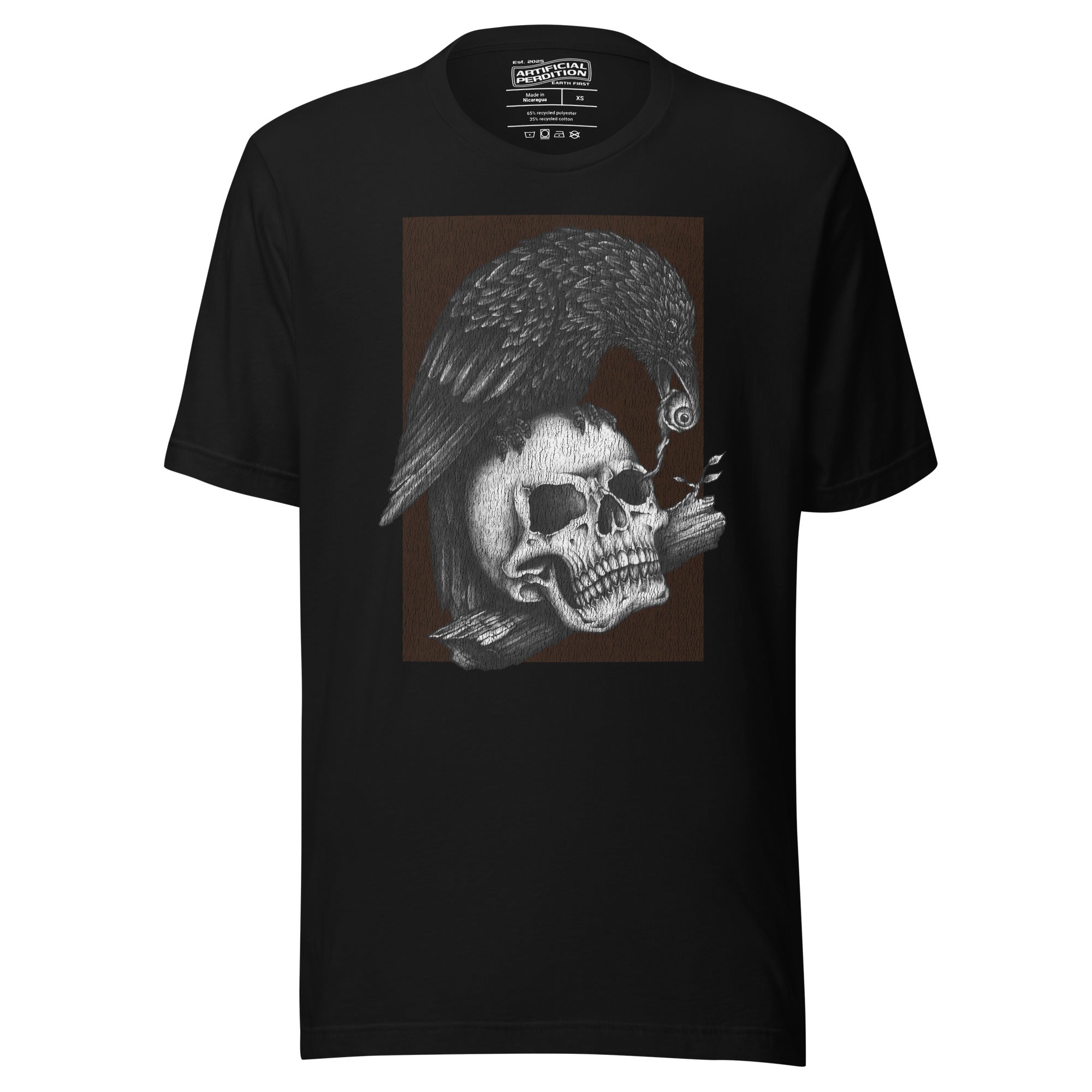 Graphite illustration of a black corvid perched on a human skull removing the eye, sprouting branch beside it, Last Look, Artificial Perdition apparel