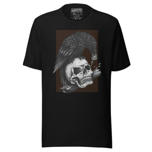 Graphite illustration of a black corvid perched on a human skull removing the eye, sprouting branch beside it, Last Look, Artificial Perdition apparel