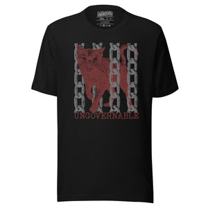 Product mockupSnarling cat breaking through chains with UNGOVERNABLE text, dithered halftone red on cream, Artificial Perdition apparel
