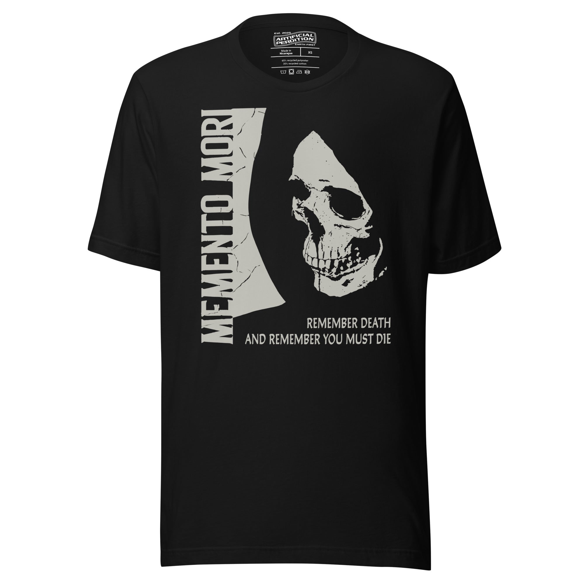 Cracked skull illustration in tombstone grey with vertical Memento Mori text and Remember Death translation, Artificial Perdition apparel