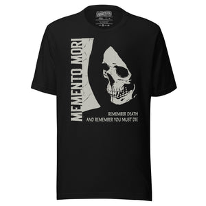 Cracked skull illustration in tombstone grey with vertical Memento Mori text and Remember Death translation, Artificial Perdition apparel