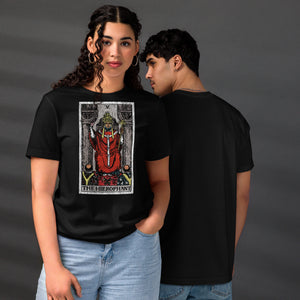 The Hierophant tarot card, triple-crowned figure seated between pillars with crossed keys and kneeling acolytes, Rider-Waite style, Artificial Perdition