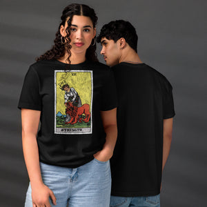Strength tarot card, woman closing the jaws of a lion with chain of flowers and infinity symbol overhead, Rider-Waite style, Artificial Perdition