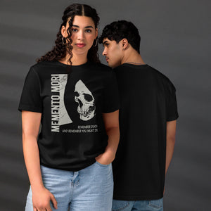 Cracked skull illustration in tombstone grey with vertical Memento Mori text and Remember Death translation, Artificial Perdition apparel