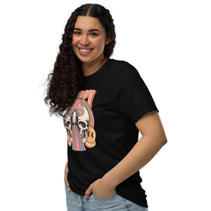 Split skull and mushroom design with melting psychedelic flow and smiley faces. Soft recycled tee with eco-friendly inks. Trippy, liminal, bold.