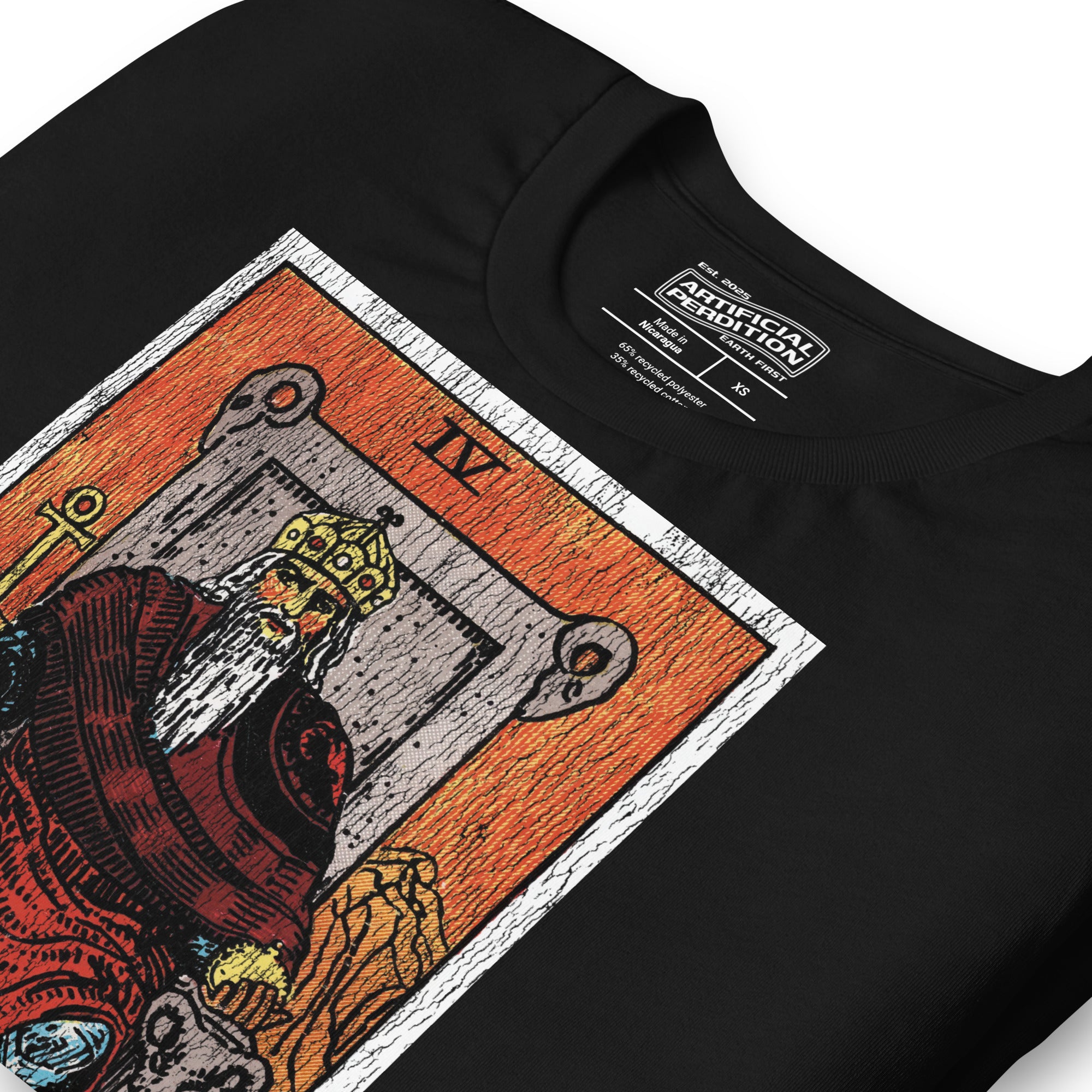 The Emperor tarot card, armored sovereign on ram-flanked throne with ankh sceptre and orb, Rider-Waite style, Artificial Perdition