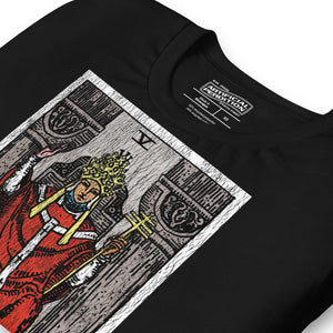 The Hierophant tarot card, triple-crowned figure seated between pillars with crossed keys and kneeling acolytes, Rider-Waite style, Artificial Perdition