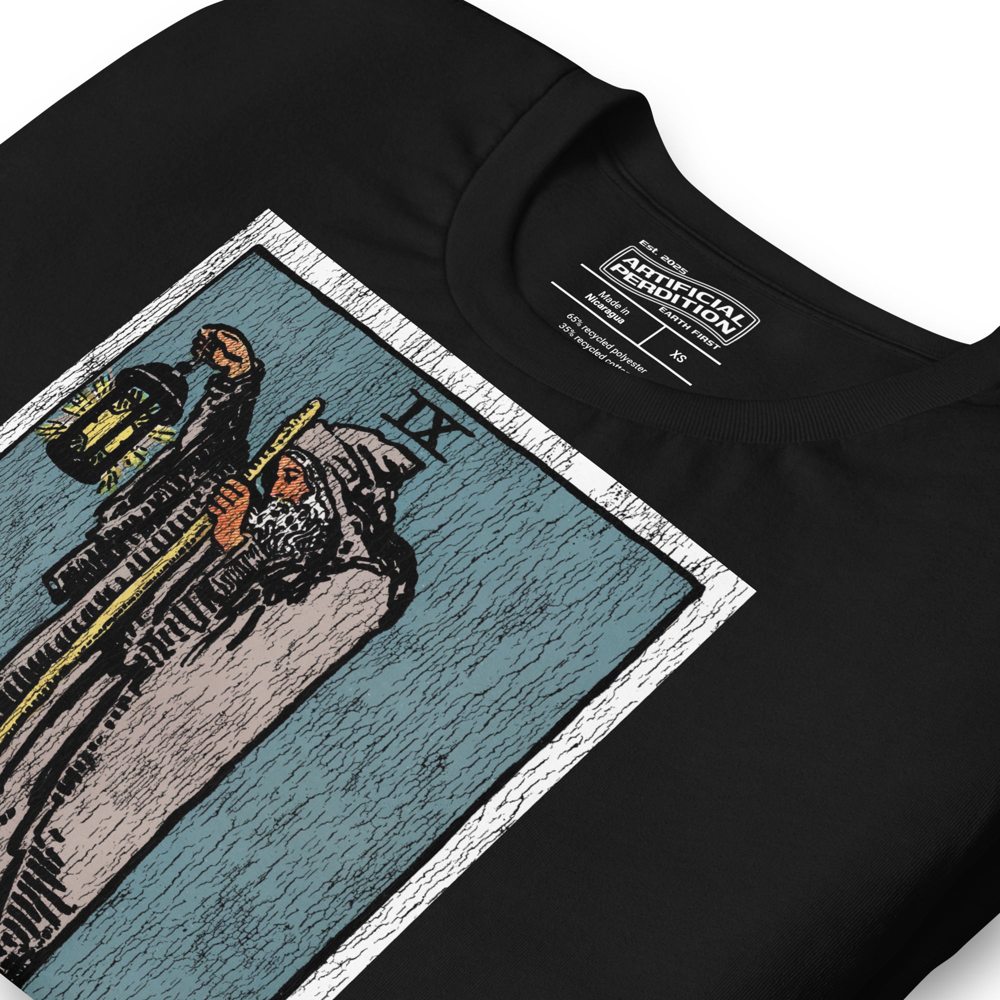 The Hermit tarot card, hooded robed figure on snowy summit holding a staff and lantern with star inside, Rider-Waite style, Artificial Perdition