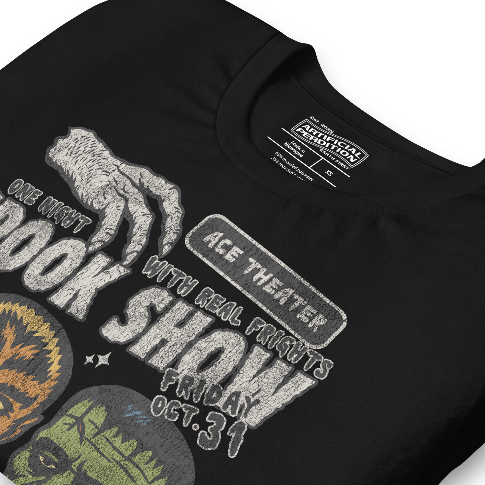 Vintage spook show poster style back print with three classic monster faces and Midnight Spook Show text, retro Halloween design, Artificial Perdition apparel