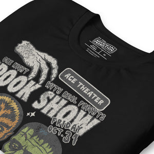 Vintage spook show poster style back print with three classic monster faces and Midnight Spook Show text, retro Halloween design, Artificial Perdition apparel
