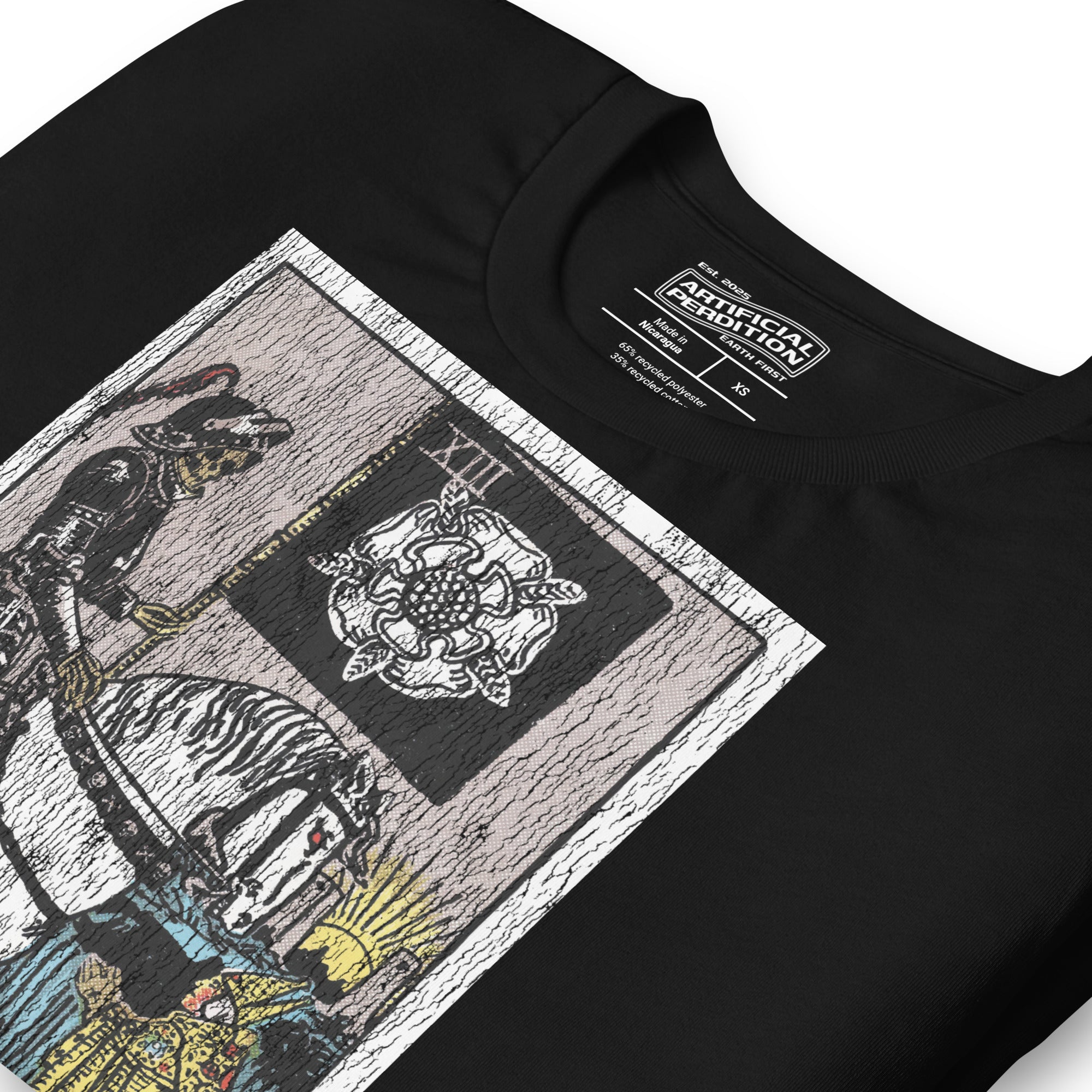 Death tarot card, skeletal horseman with black banner and white rose, figures fallen before him and sun rising on horizon, Rider-Waite style, Artificial Perdition