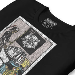 Death tarot card, skeletal horseman with black banner and white rose, figures fallen before him and sun rising on horizon, Rider-Waite style, Artificial Perdition