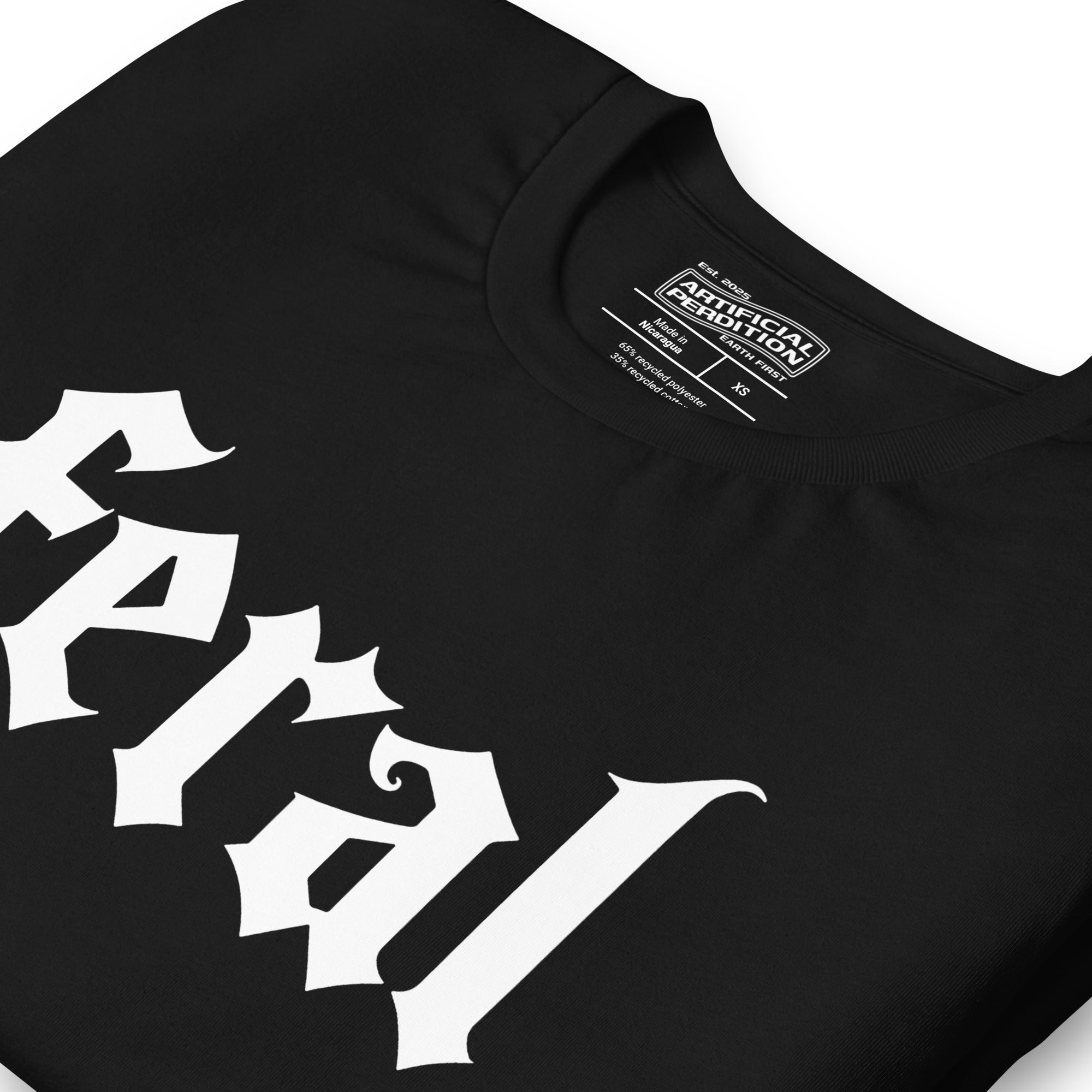 Feral in white blackletter font on dark heather grey t-shirt, bold single word graphic design, Artificial Perdition apparel
