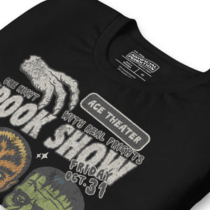 Vintage spook show poster front print with three classic monster faces, Ace Theater and Monster Mania text, distressed style on black, Artificial Perdition apparel