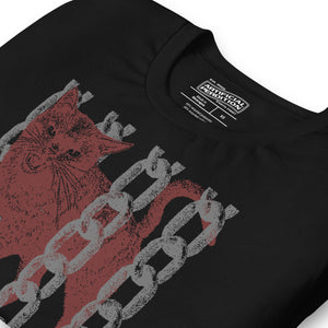 Snarling cat breaking through chains with UNGOVERNABLE text, dithered halftone red on cream, Artificial Perdition apparel