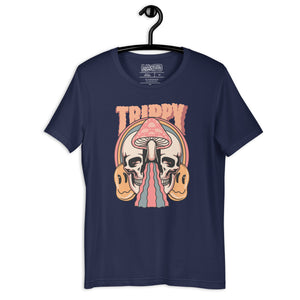 Split skull and mushroom design with melting psychedelic flow and smiley faces. Soft recycled tee with eco-friendly inks. Trippy, liminal, bold.
