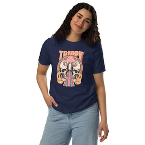 Split skull and mushroom design with melting psychedelic flow and smiley faces. Soft recycled tee with eco-friendly inks. Trippy, liminal, bold.