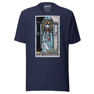 The High Priestess tarot card, robed figure seated between two pillars with scroll and crescent moon, Rider-Waite style, Artificial Perdition