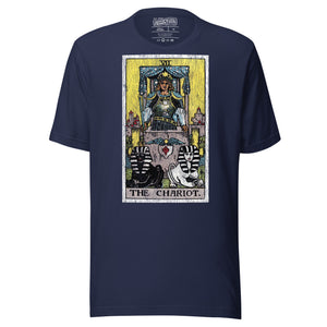 The Chariot tarot card, armored figure with starred crown riding chariot drawn by black and white sphinxes, city walls behind, Rider-Waite style, Artificial Perdition