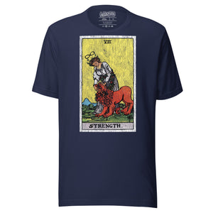 Strength tarot card, woman closing the jaws of a lion with chain of flowers and infinity symbol overhead, Rider-Waite style, Artificial Perdition