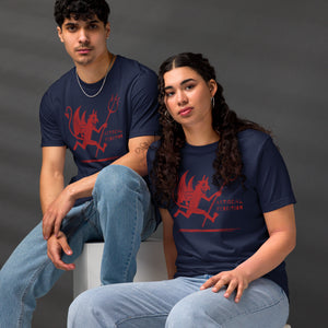 Artificial Perdition devil mascot, red illustrated devil mid-stride with trident and brand name, hand-drawn style on black, official logo tee